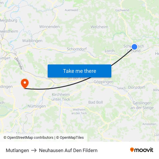 Mutlangen to Neuhausen Auf Den Fildern map