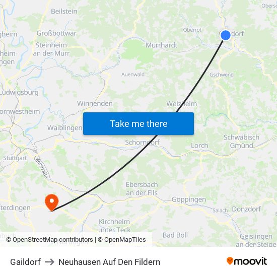 Gaildorf to Neuhausen Auf Den Fildern map