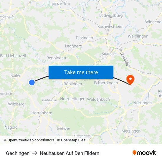 Gechingen to Neuhausen Auf Den Fildern map