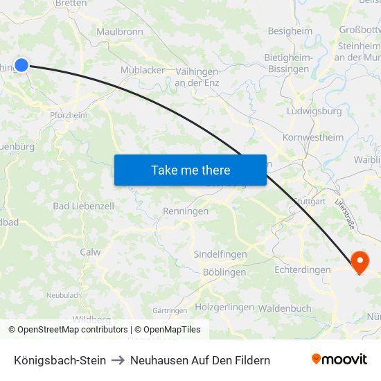 Königsbach-Stein to Neuhausen Auf Den Fildern map