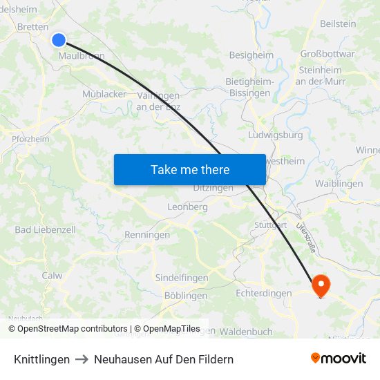 Knittlingen to Neuhausen Auf Den Fildern map