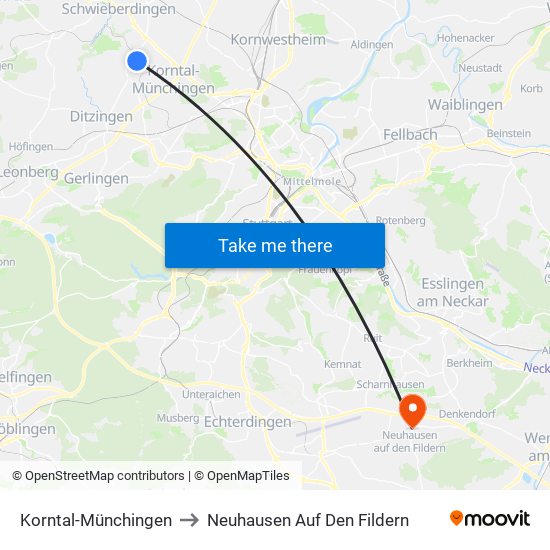 Korntal-Münchingen to Neuhausen Auf Den Fildern map