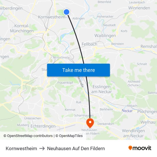 Kornwestheim to Neuhausen Auf Den Fildern map