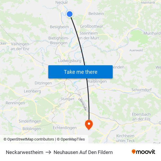 Neckarwestheim to Neuhausen Auf Den Fildern map