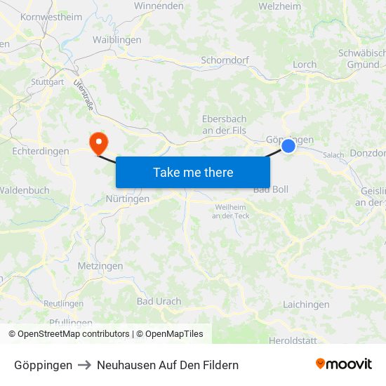 Göppingen to Neuhausen Auf Den Fildern map