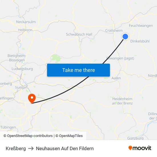 Kreßberg to Neuhausen Auf Den Fildern map