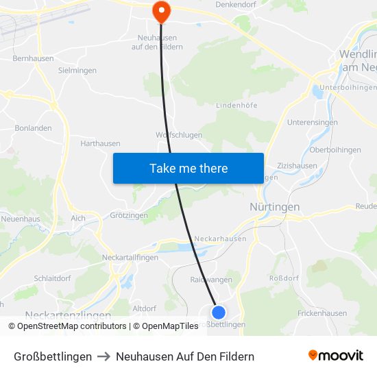 Großbettlingen to Neuhausen Auf Den Fildern map