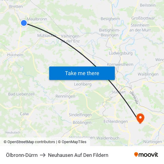 Ölbronn-Dürrn to Neuhausen Auf Den Fildern map