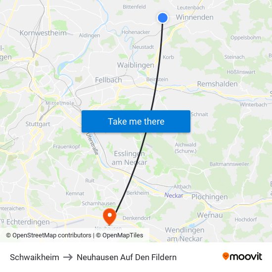 Schwaikheim to Neuhausen Auf Den Fildern map