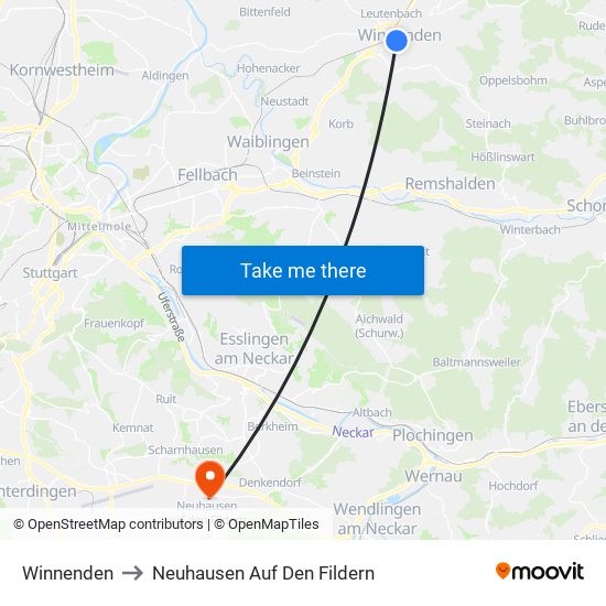 Winnenden to Neuhausen Auf Den Fildern map