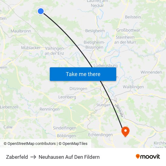 Zaberfeld to Neuhausen Auf Den Fildern map