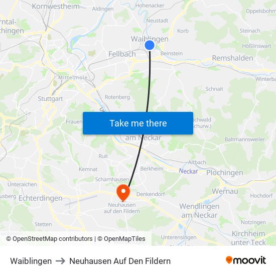 Waiblingen to Neuhausen Auf Den Fildern map