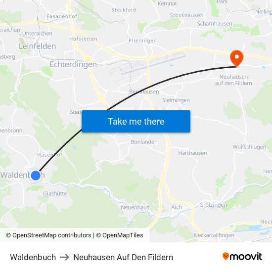 Waldenbuch to Neuhausen Auf Den Fildern map