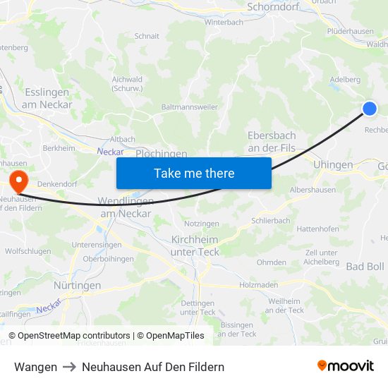 Wangen to Neuhausen Auf Den Fildern map