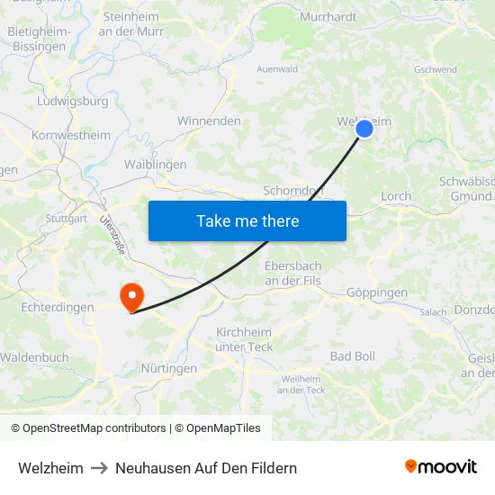 Welzheim to Neuhausen Auf Den Fildern map