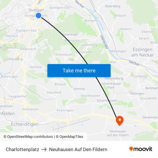 Charlottenplatz to Neuhausen Auf Den Fildern map