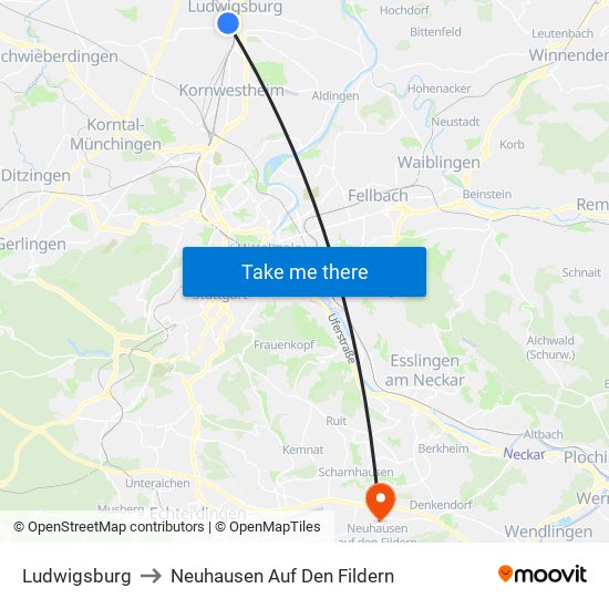 Ludwigsburg to Neuhausen Auf Den Fildern map