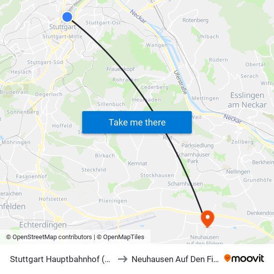 Stuttgart Hauptbahnhof (Oben) to Neuhausen Auf Den Fildern map