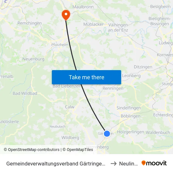 Gemeindeverwaltungsverband Gärtringen/Ehningen to Neulingen map