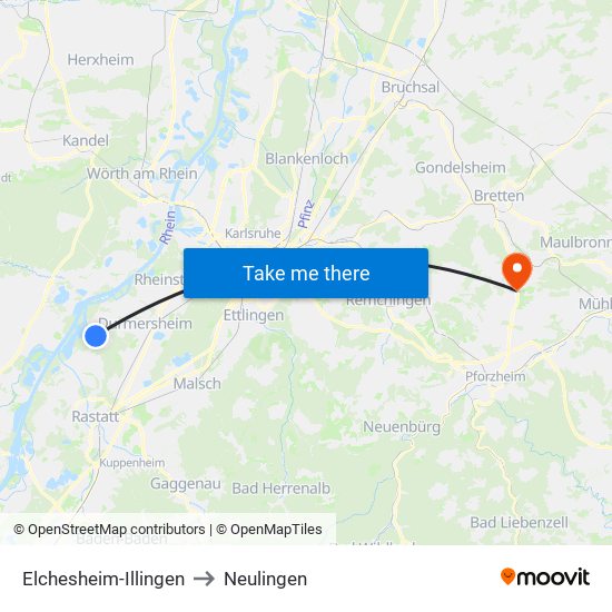 Elchesheim-Illingen to Neulingen map