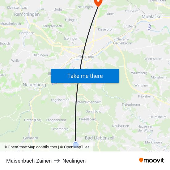 Maisenbach-Zainen to Neulingen map