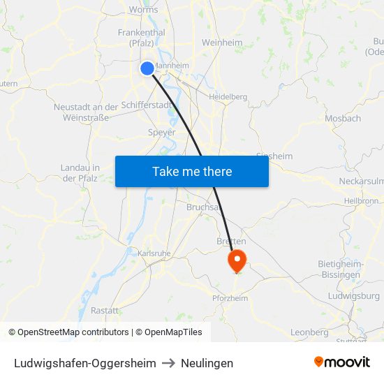 Ludwigshafen-Oggersheim to Neulingen map