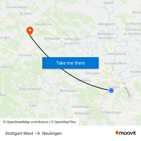 Stuttgart-West to Neulingen map