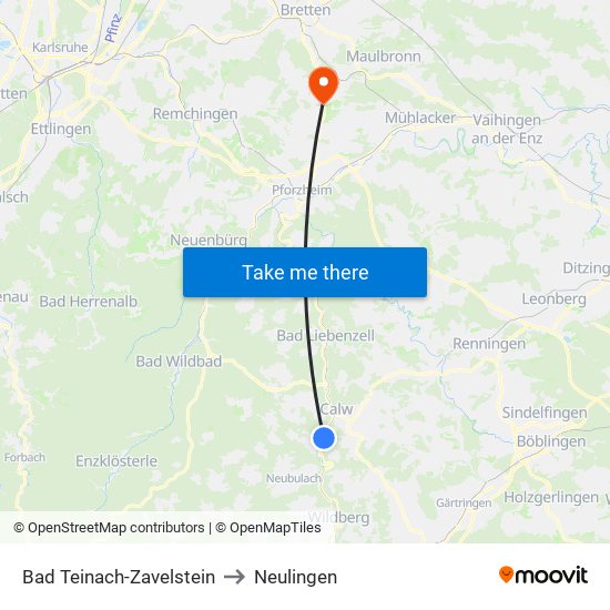 Bad Teinach-Zavelstein to Neulingen map