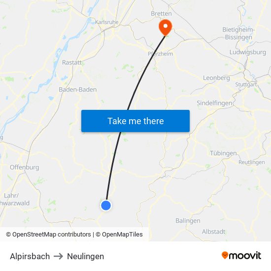 Alpirsbach to Neulingen map