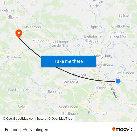 Fellbach to Neulingen map
