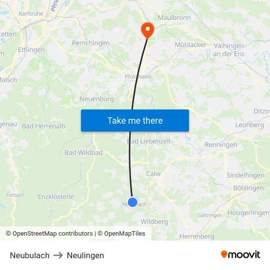 Neubulach to Neulingen map
