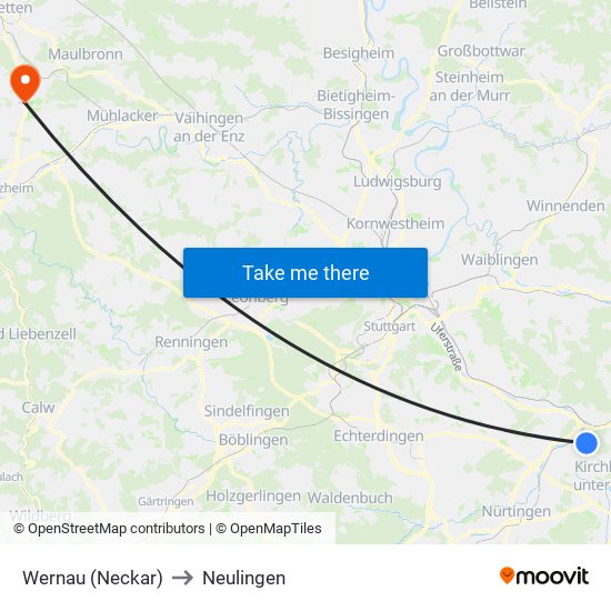 Wernau (Neckar) to Neulingen map