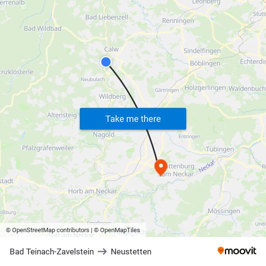 Bad Teinach-Zavelstein to Neustetten map