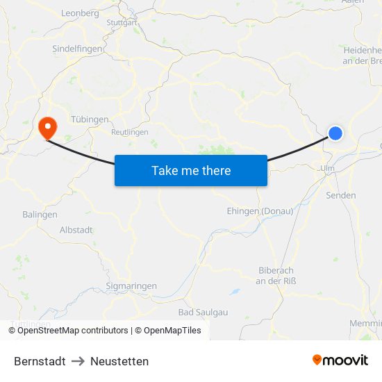 Bernstadt to Neustetten map