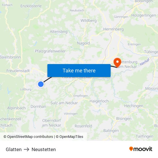 Glatten to Neustetten map