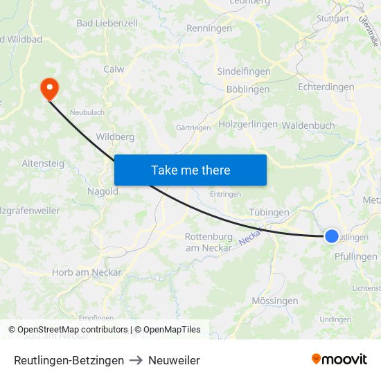 Reutlingen-Betzingen to Neuweiler map