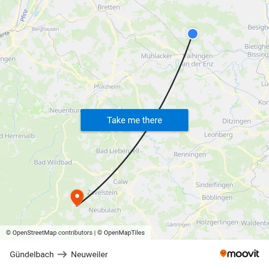 Gündelbach to Neuweiler map