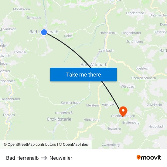 Bad Herrenalb to Neuweiler map