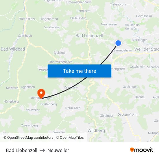 Bad Liebenzell to Neuweiler map