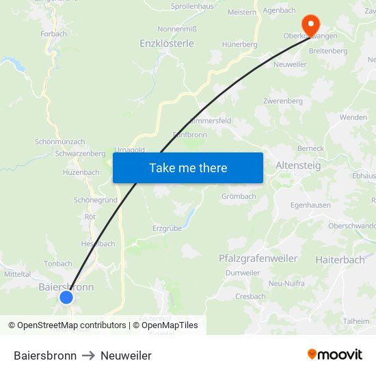 Baiersbronn to Neuweiler map