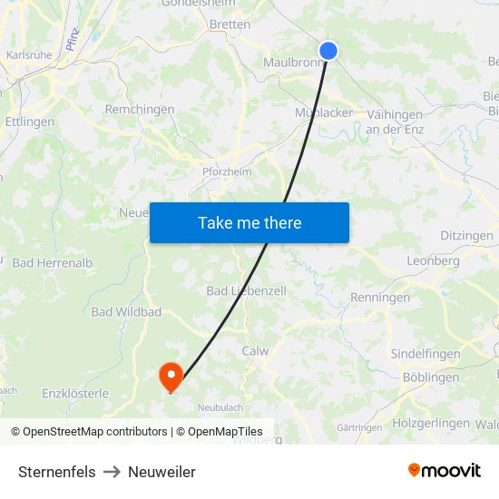 Sternenfels to Neuweiler map