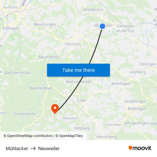 Mühlacker to Neuweiler map