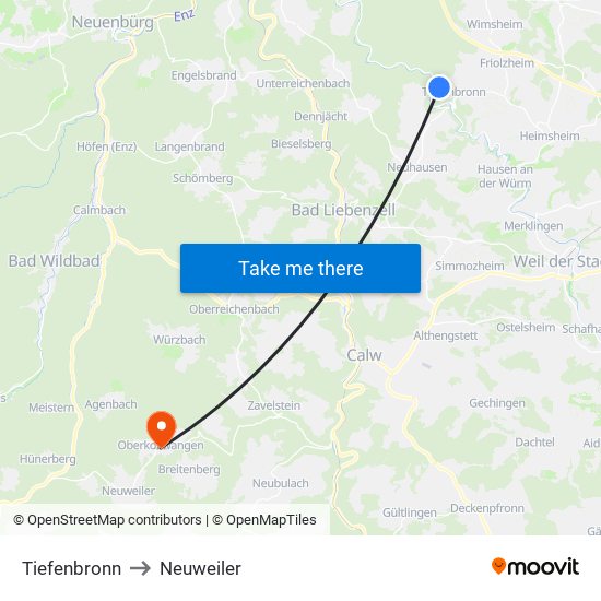 Tiefenbronn to Neuweiler map