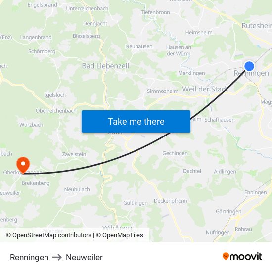 Renningen to Neuweiler map