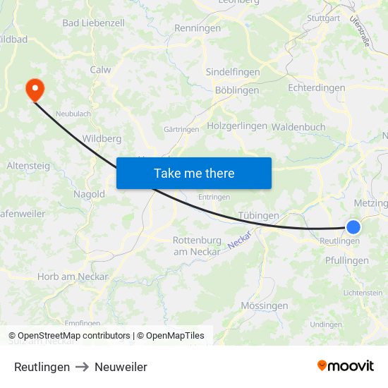 Reutlingen to Neuweiler map