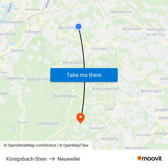 Königsbach-Stein to Neuweiler map