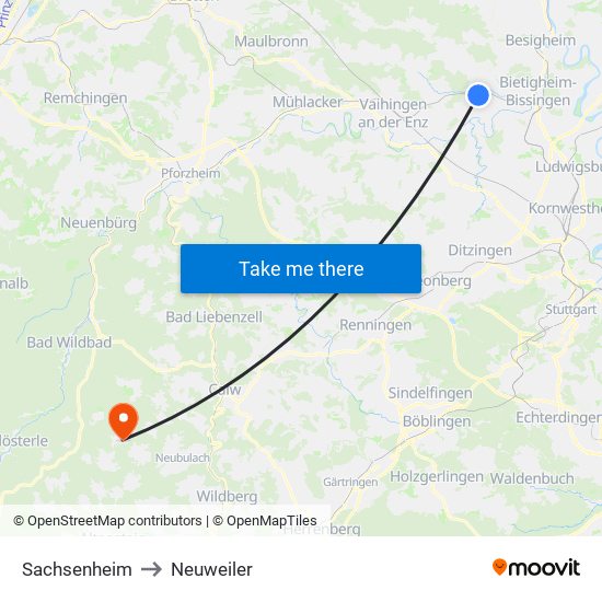 Sachsenheim to Neuweiler map