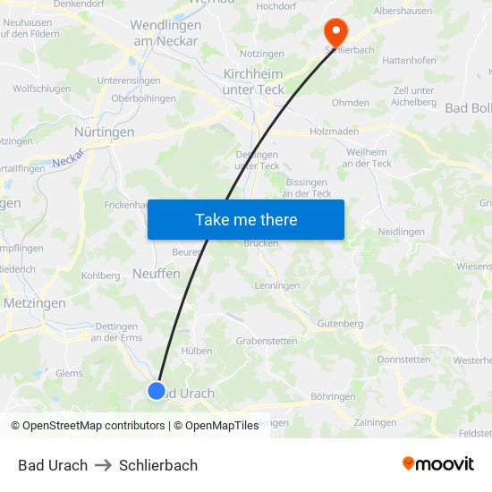 Bad Urach to Schlierbach map