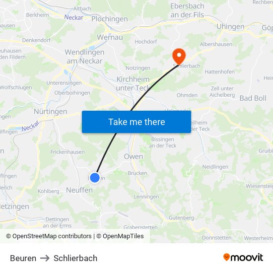 Beuren to Schlierbach map