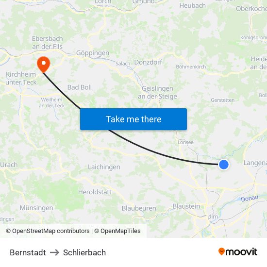 Bernstadt to Schlierbach map